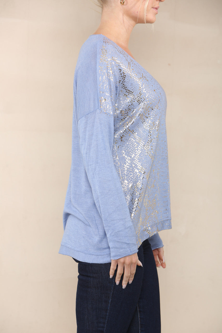 REPTILE FOIL FINE KNIT TOP DENIM