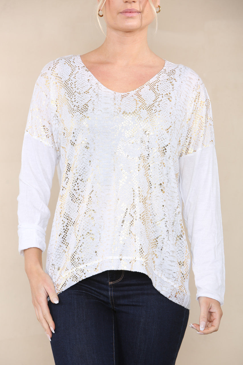 REPTILE FOIL FINE KNIT TOP WHITE