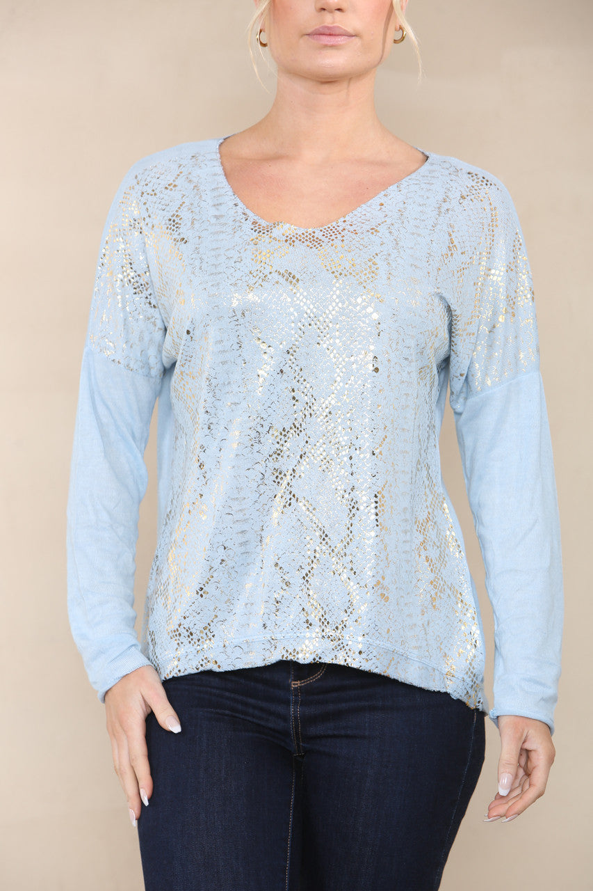 REPTILE FOIL FINE KNIT TOP LIGHT BLUE