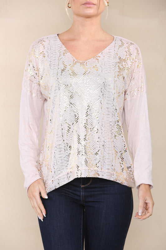 REPTILE FOIL FINE KNIT TOP DUSTY PINK