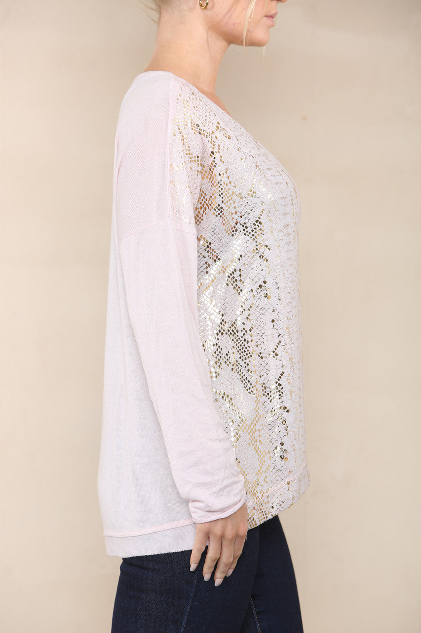REPTILE FOIL FINE KNIT TOP DUSTY PINK