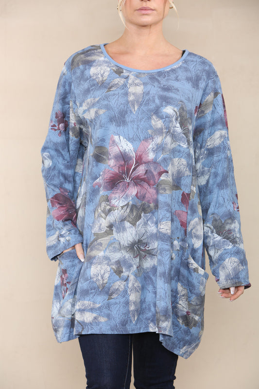 FLORAL LILY PRINT TOP DENIM