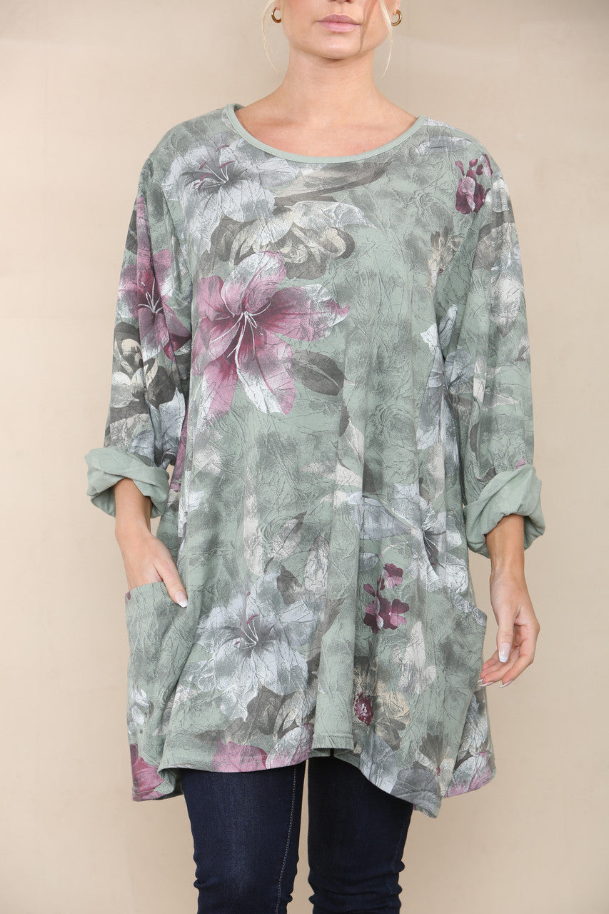 FLORAL LILY PRINT TOP KHAKI
