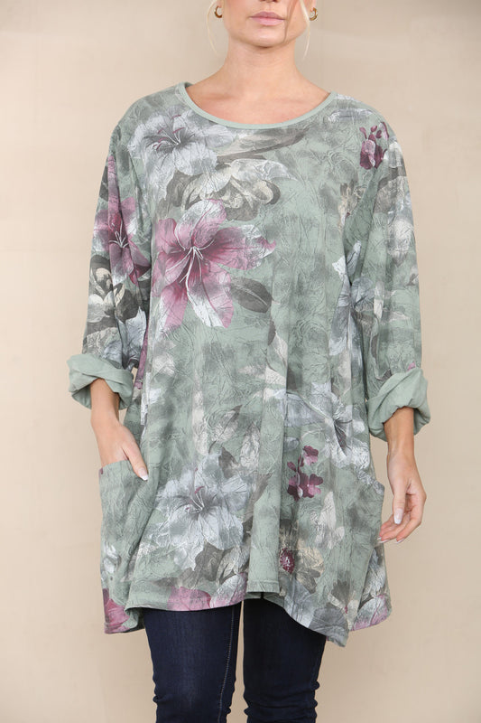 FLORAL LILY PRINT TOP KHAKI