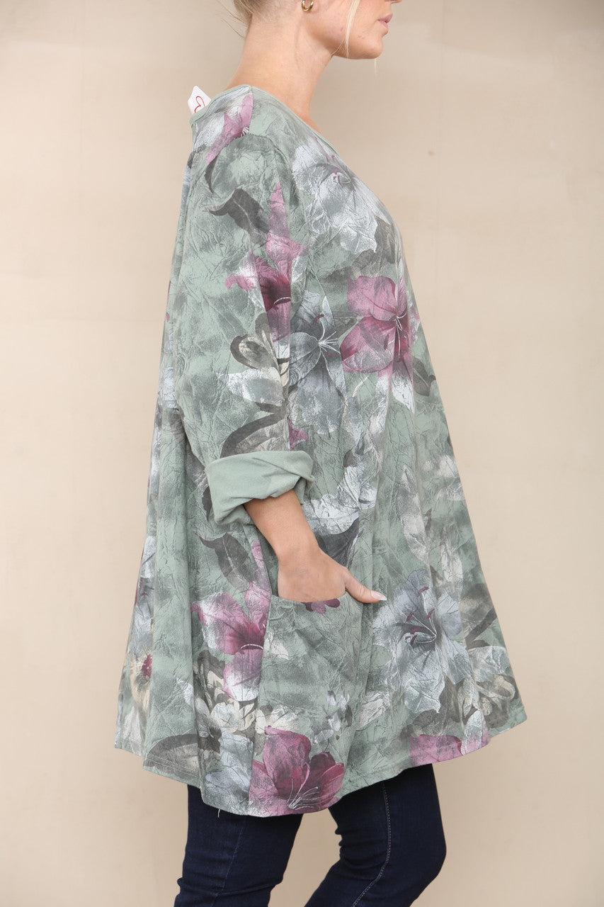 FLORAL LILY PRINT TOP KHAKI