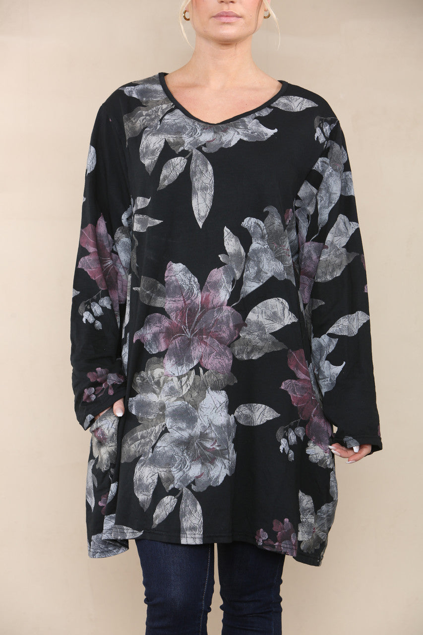 FLORAL LILY PRINT TOP BLACK