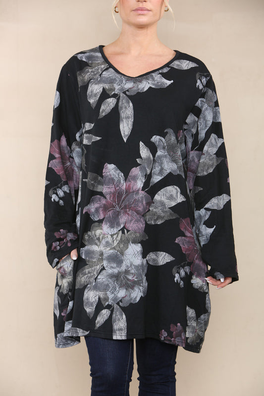FLORAL LILY PRINT TOP BLACK