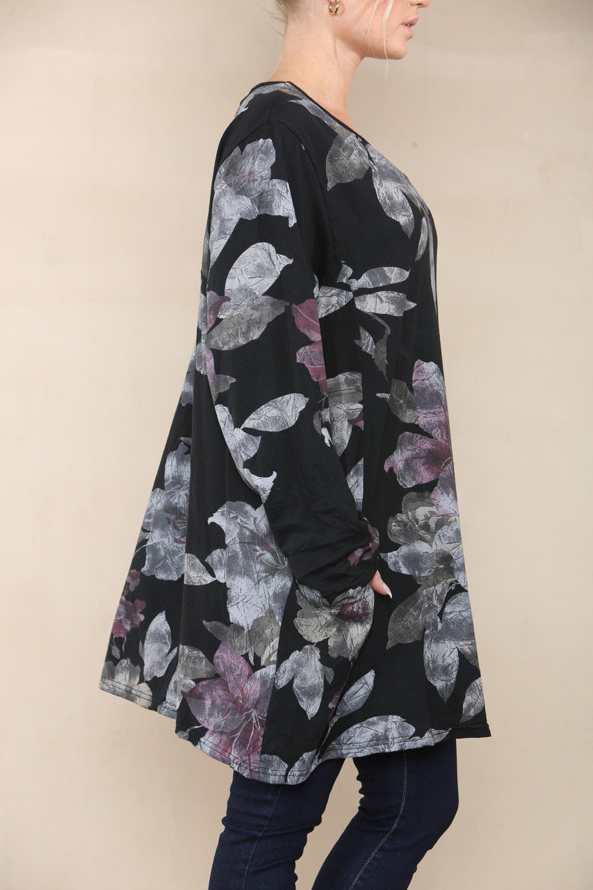 FLORAL LILY PRINT TOP BLACK