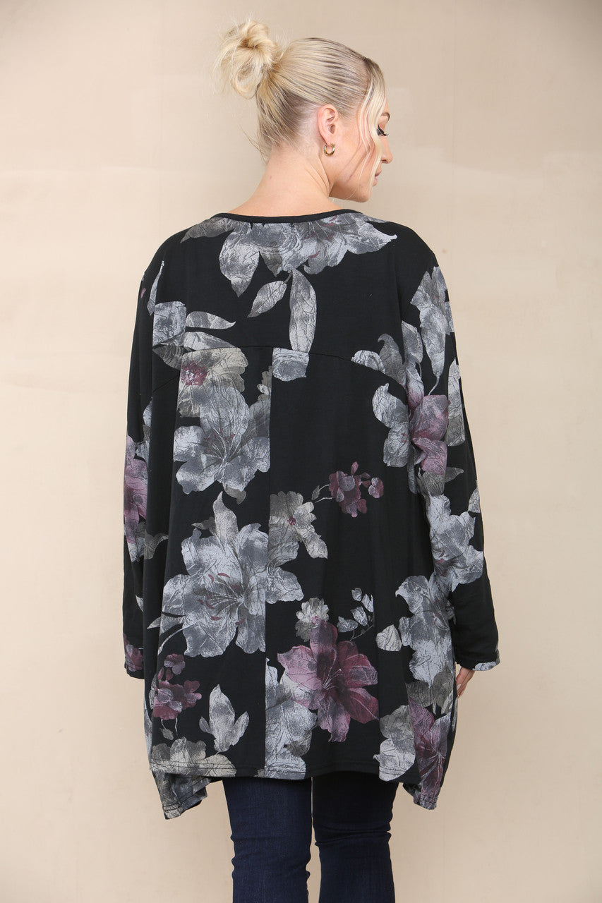 FLORAL LILY PRINT TOP BLACK