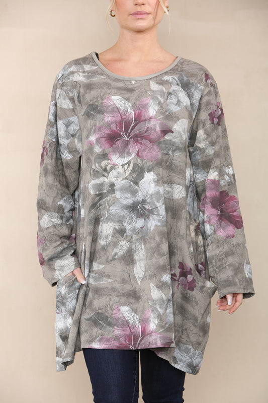 FLORAL LILY PRINT TOP TAUPE