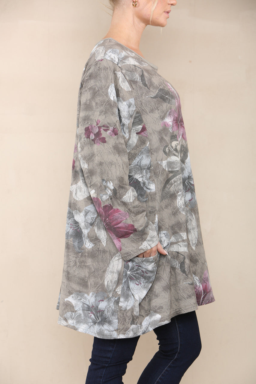 FLORAL LILY PRINT TOP TAUPE