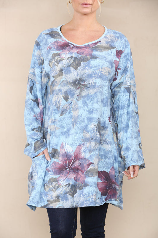 FLORAL LILY PRINT TOP LIGHT BLUE