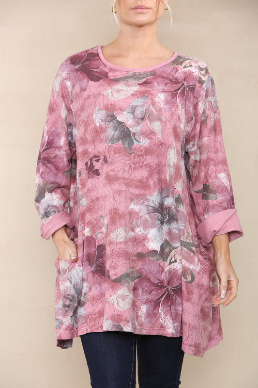 FLORAL LILY PRINT TOP PINK