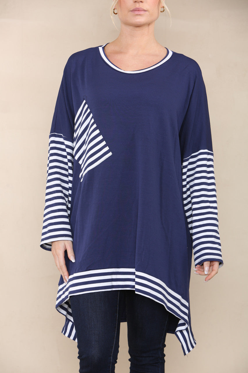 STRIPE SLEEVE & POCKET TOP NAVY