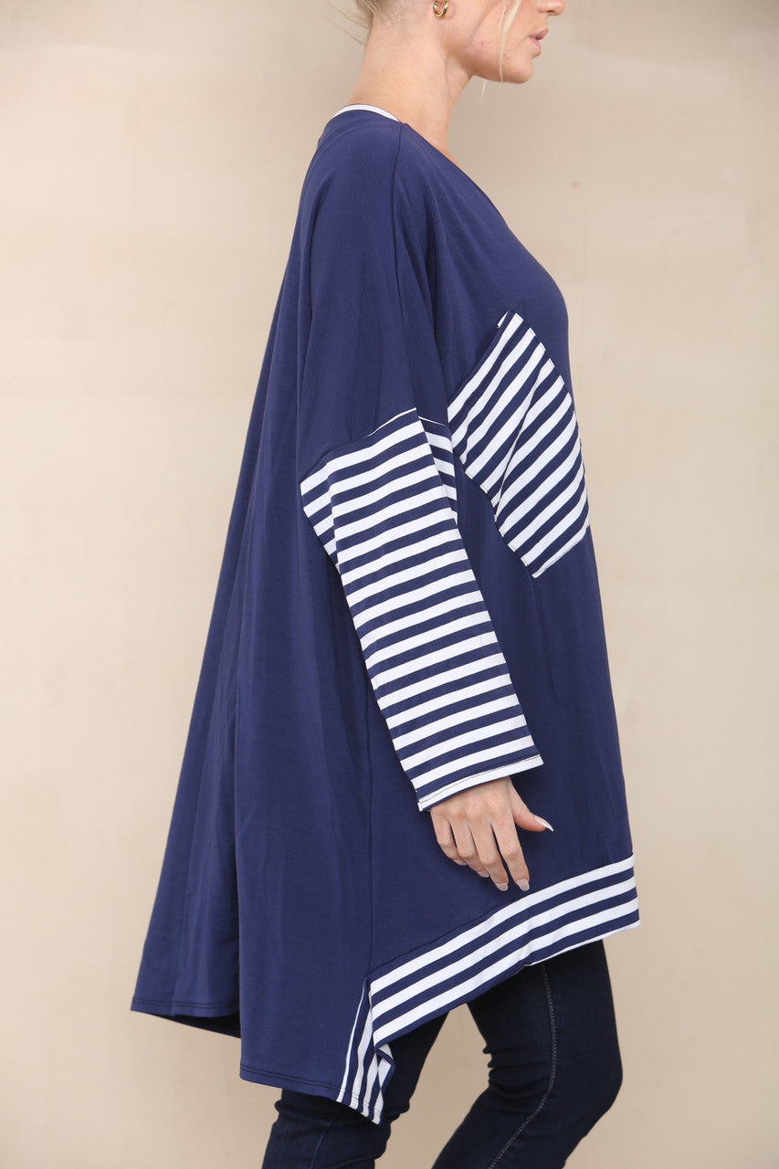 STRIPE SLEEVE & POCKET TOP NAVY