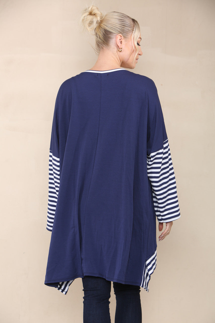 STRIPE SLEEVE & POCKET TOP NAVY