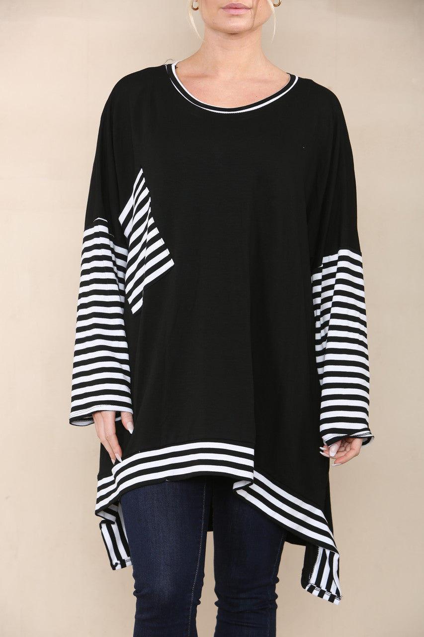 STRIPE SLEEVE & POCKET TOP BLACK