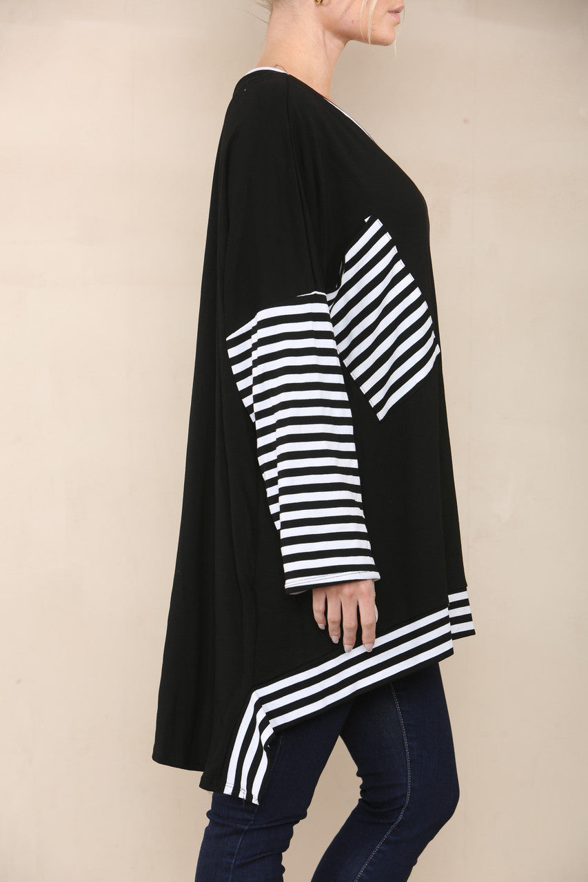 STRIPE SLEEVE & POCKET TOP BLACK