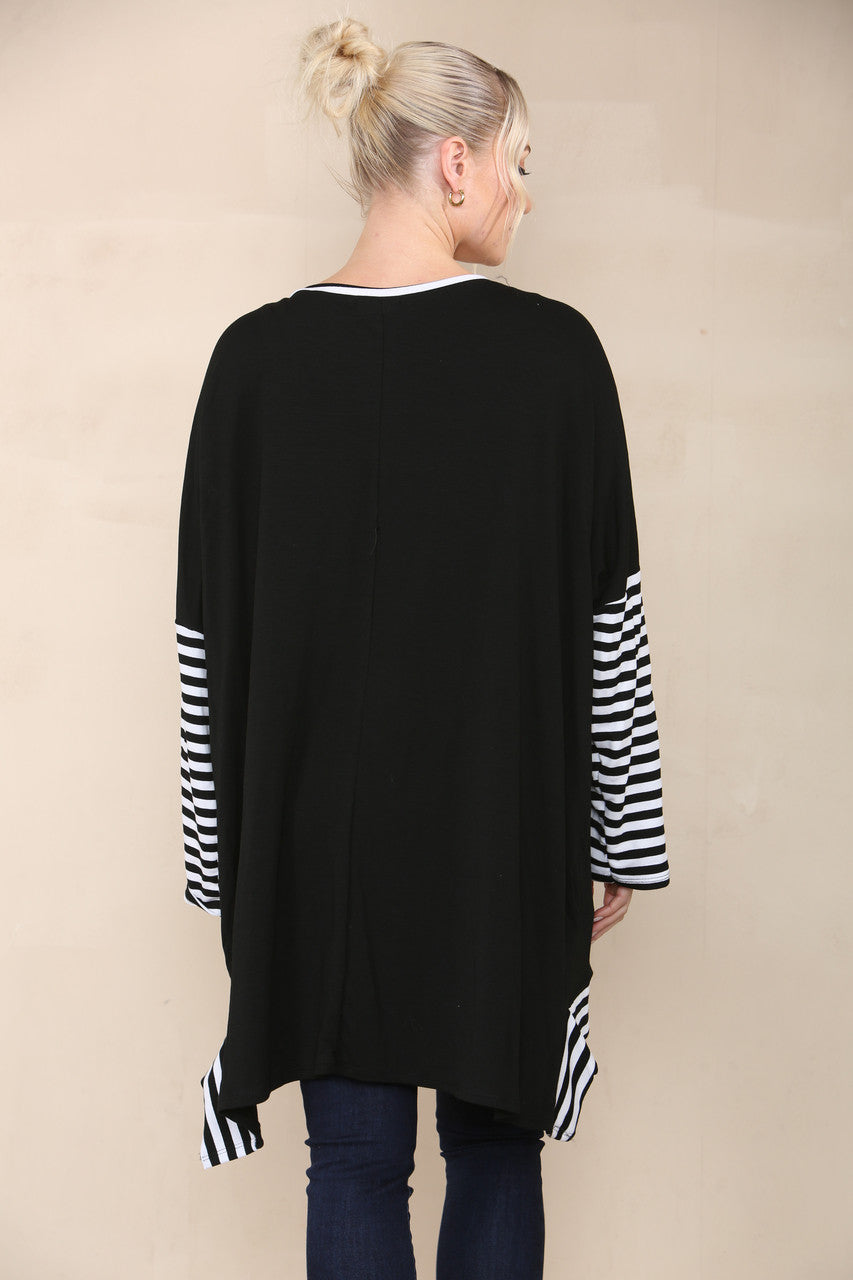 STRIPE SLEEVE & POCKET TOP BLACK