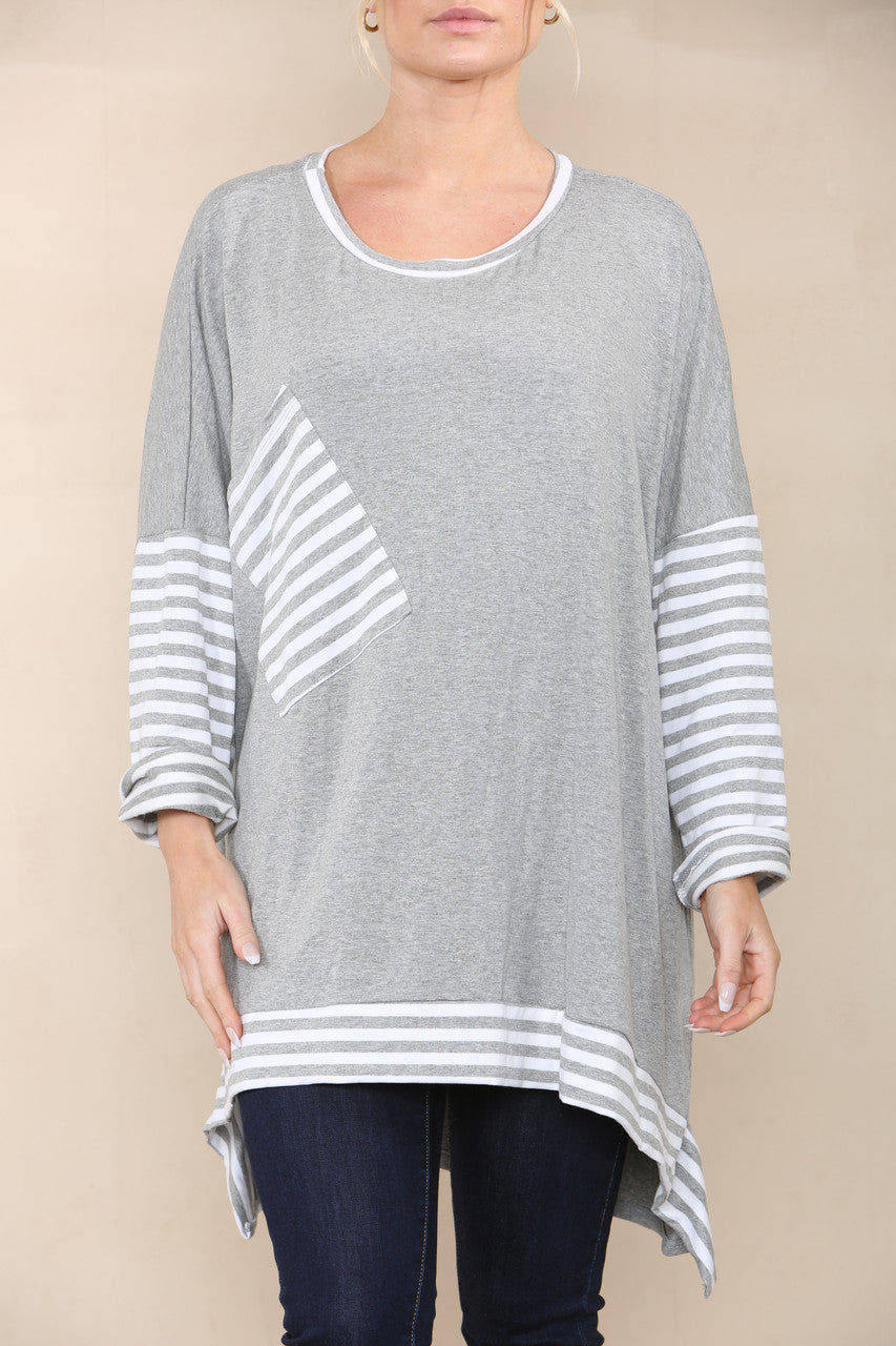 STRIPE SLEEVE & POCKET TOP GREY