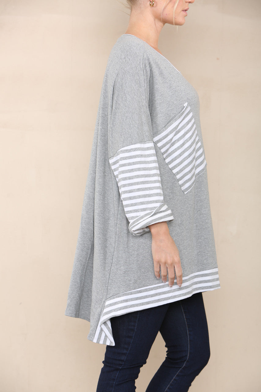 STRIPE SLEEVE & POCKET TOP GREY