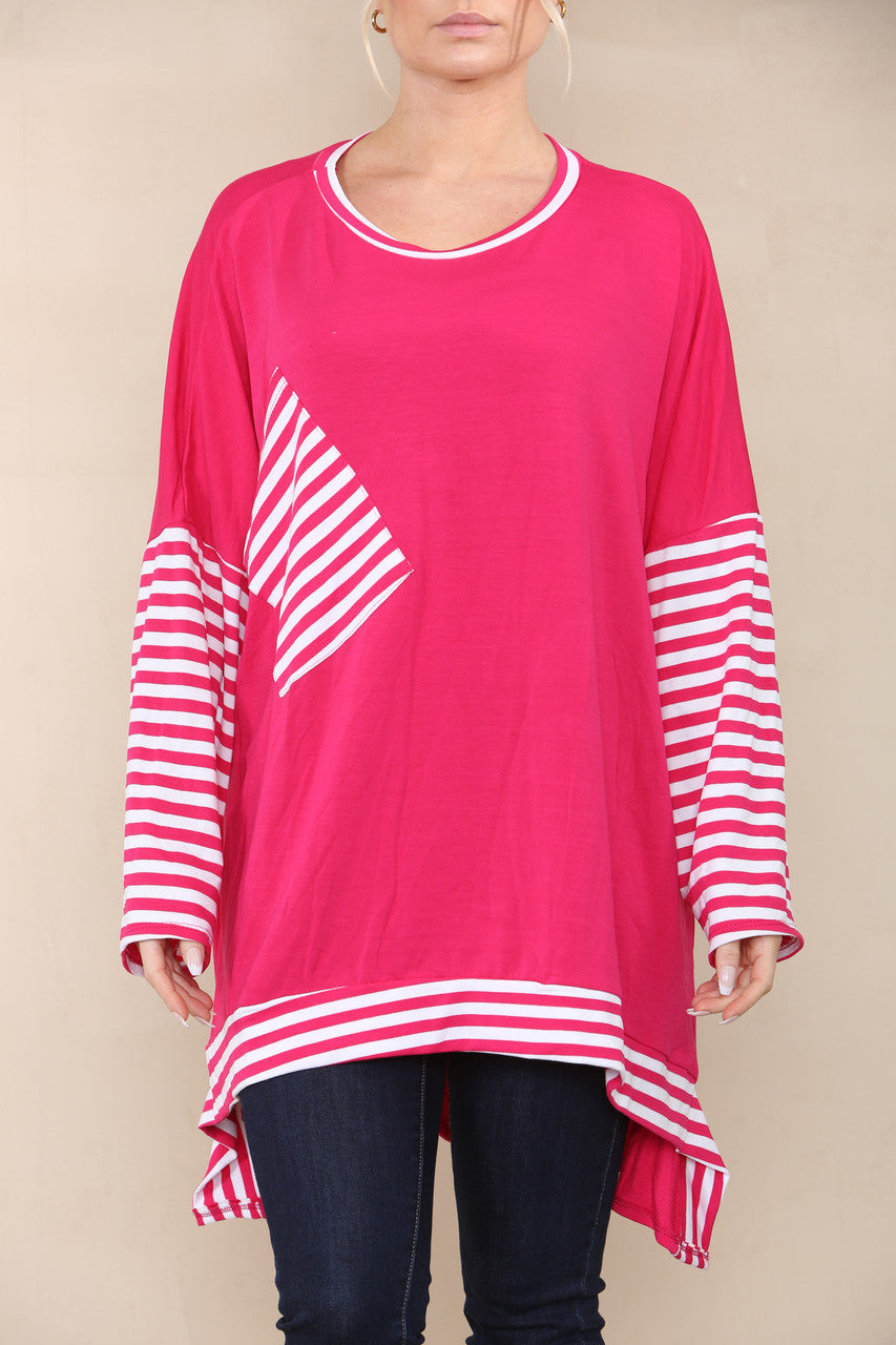 STRIPE SLEEVE & POCKET TOP CERISE