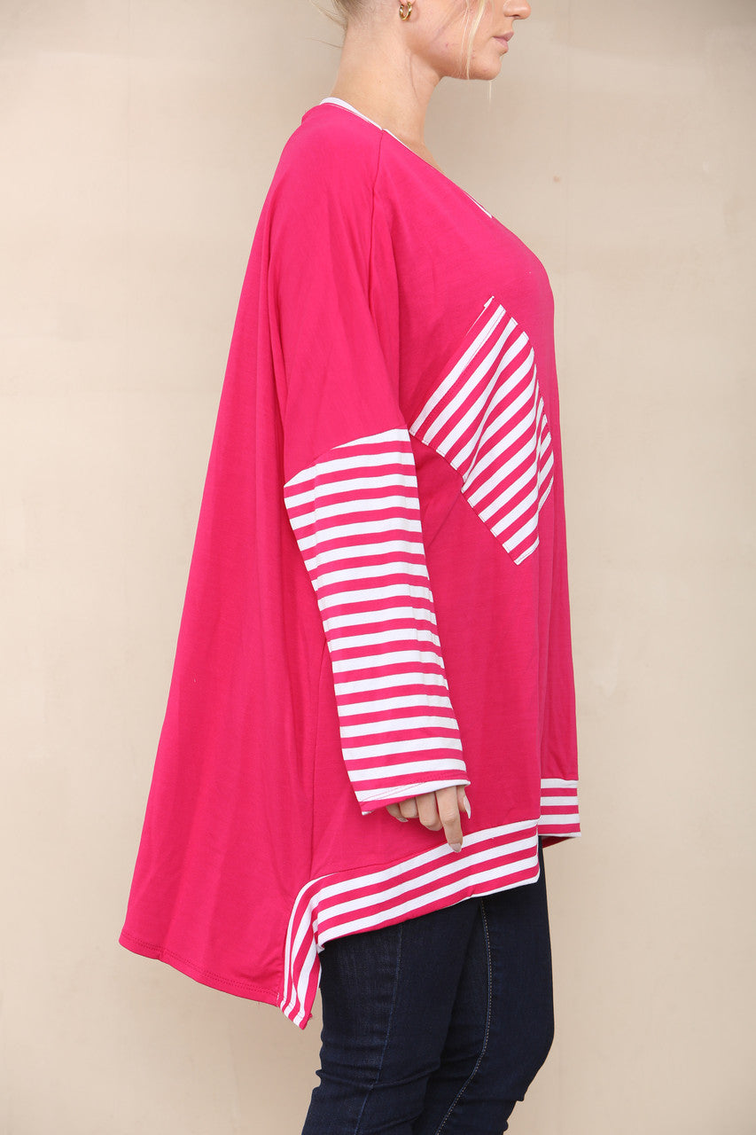 STRIPE SLEEVE & POCKET TOP CERISE