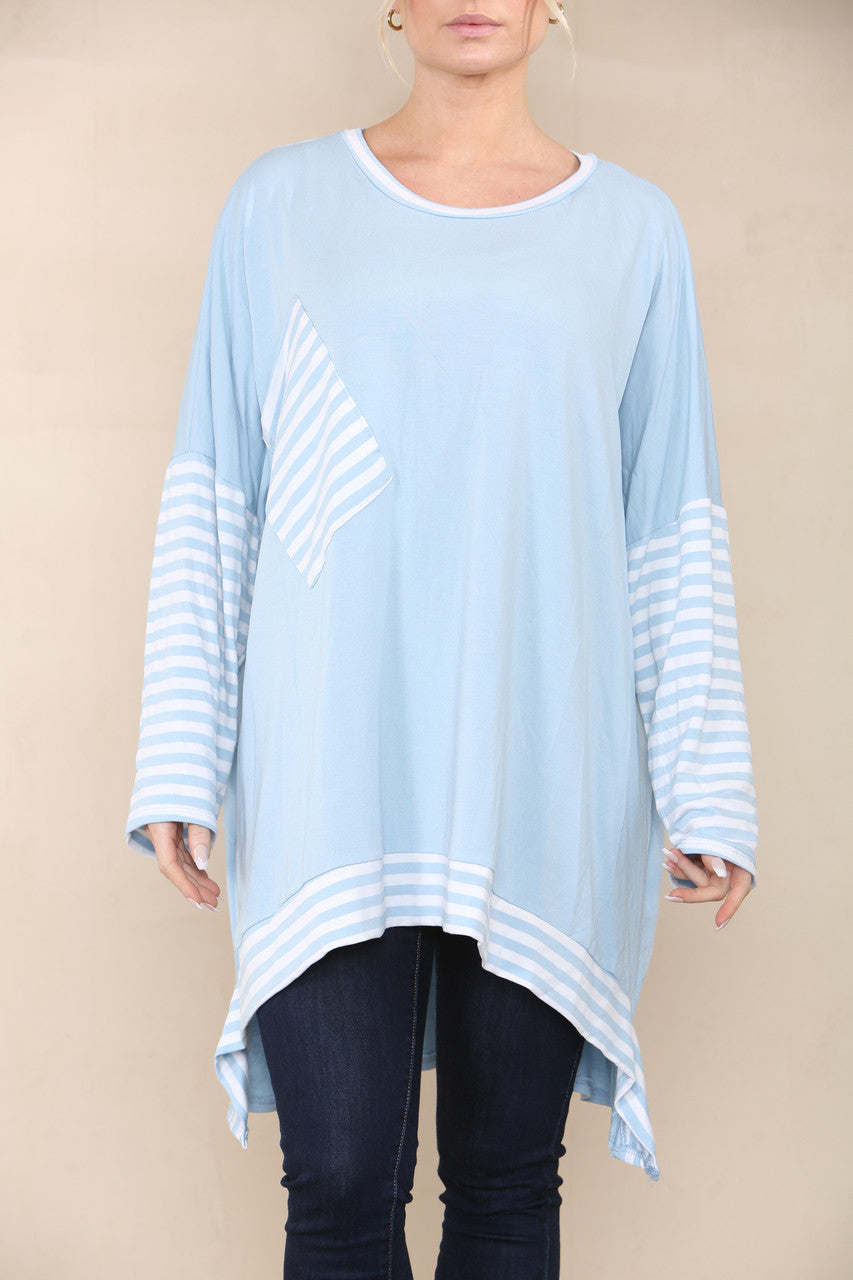 STRIPE SLEEVE & POCKET TOP LIGHT BLUE