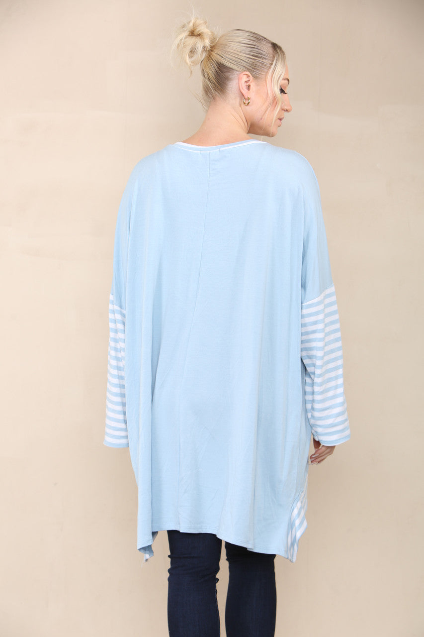 STRIPE SLEEVE & POCKET TOP LIGHT BLUE