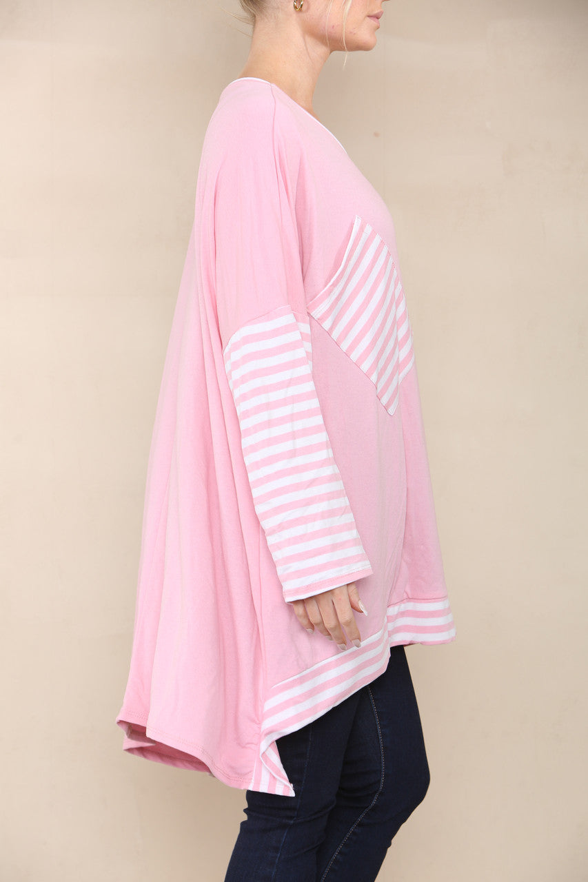 STRIPE SLEEVE & POCKET TOP PINK