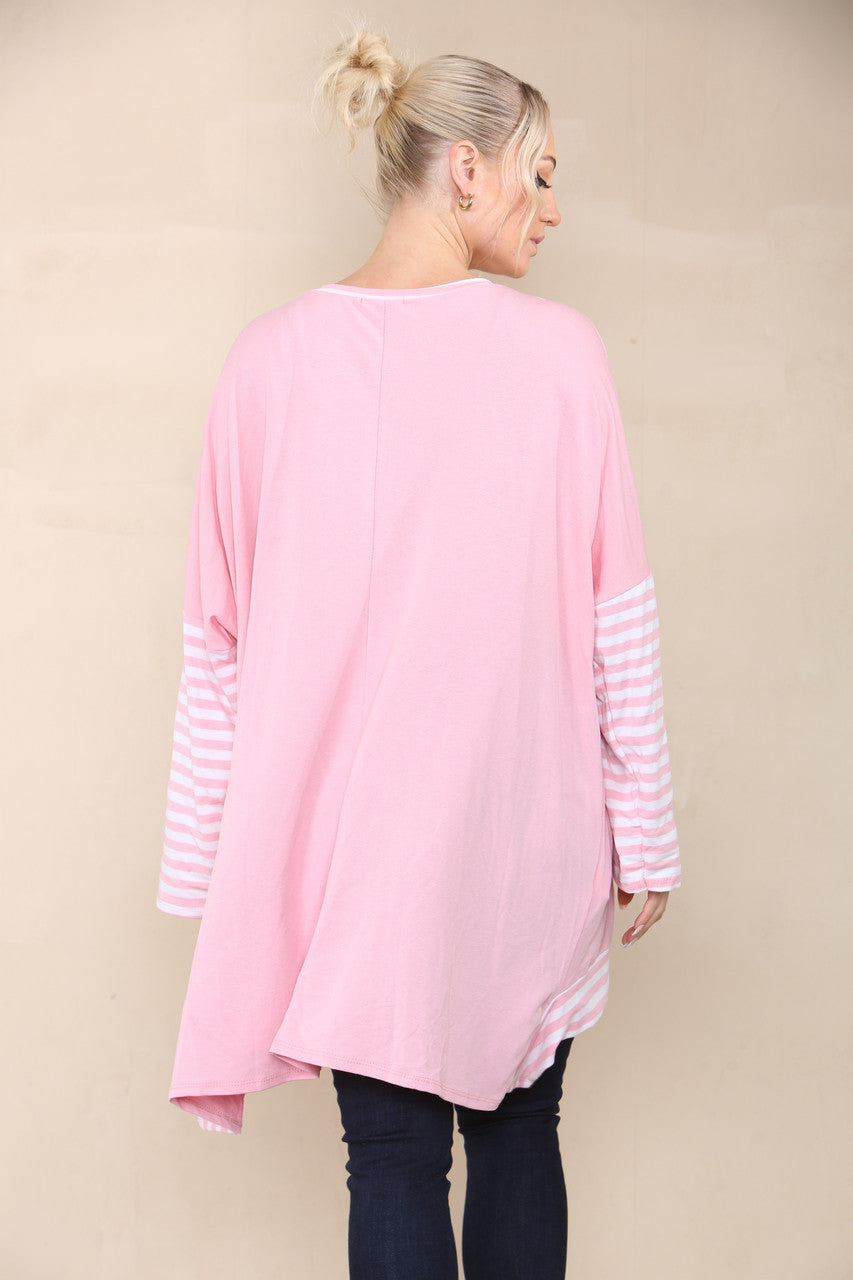 STRIPE SLEEVE & POCKET TOP PINK