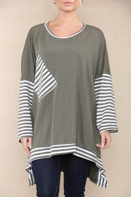 TOP MET STREEPMOUW EN ZAK KHAKI