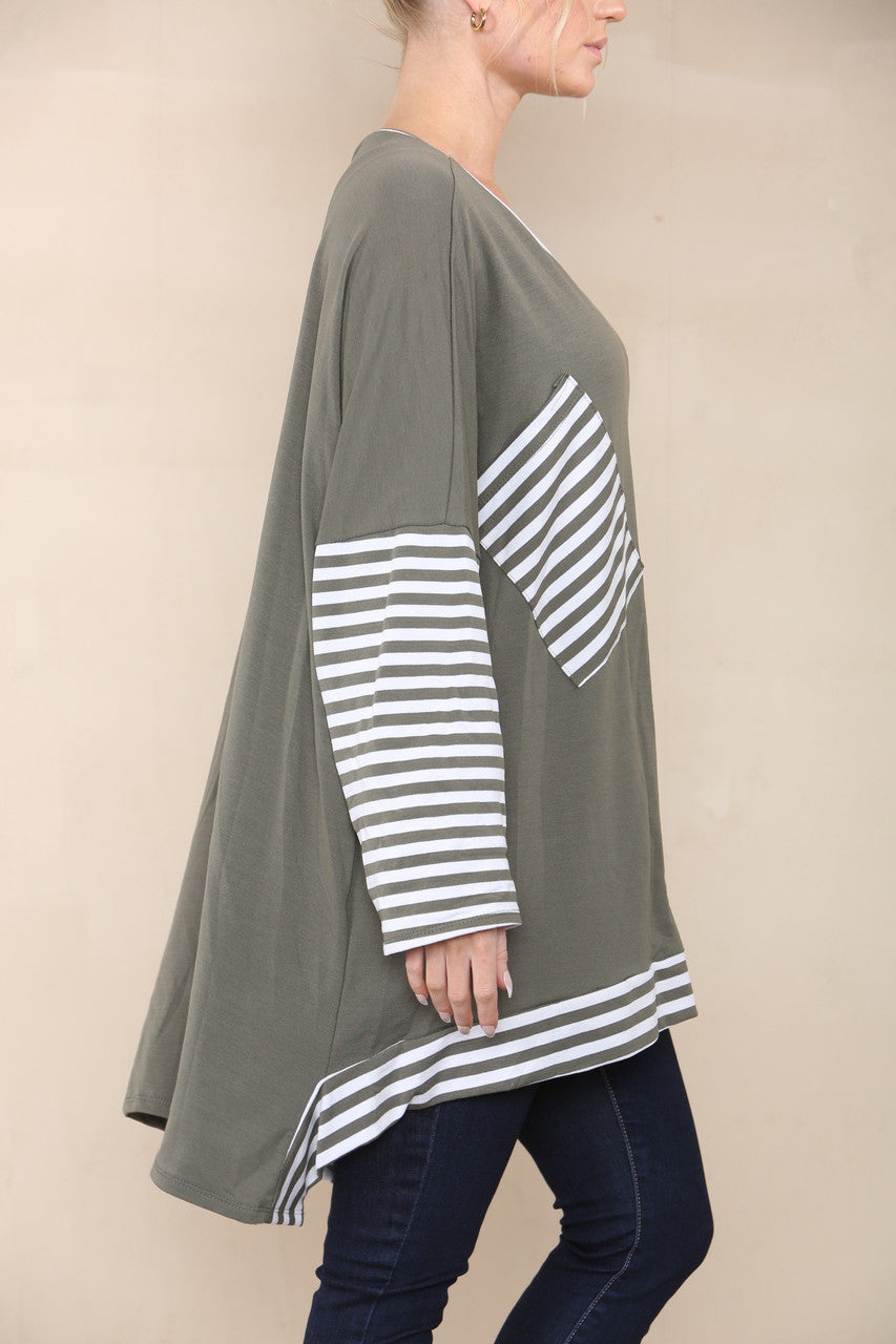 STRIPE SLEEVE & POCKET TOP KHAKI