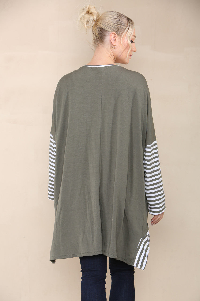 STRIPE SLEEVE & POCKET TOP KHAKI