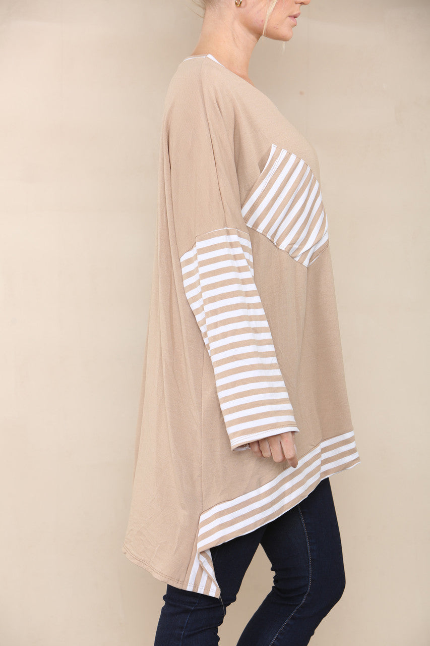STRIPE SLEEVE & POCKET TOP CAMEL