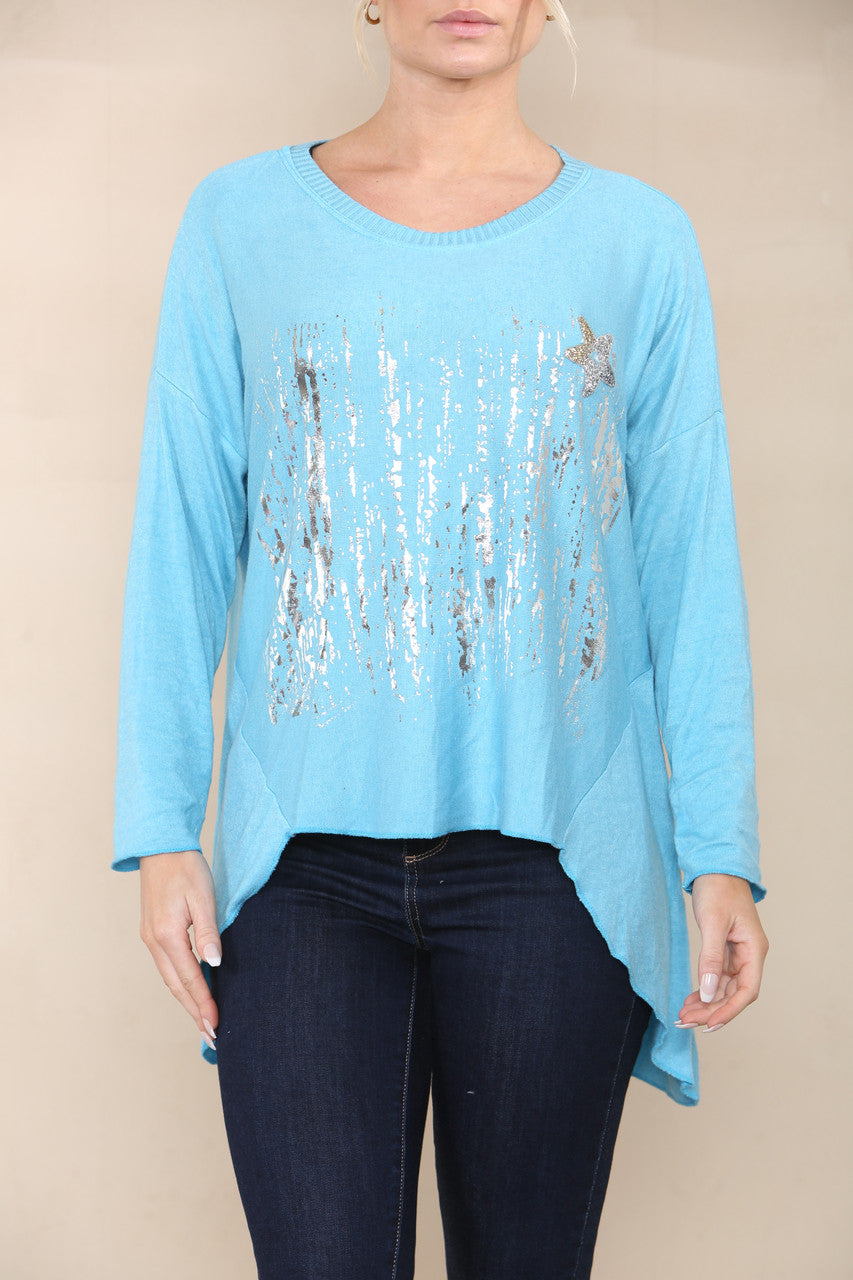 STAR SEQUIN FOIL FINE KNIT TOP TURQUOISE