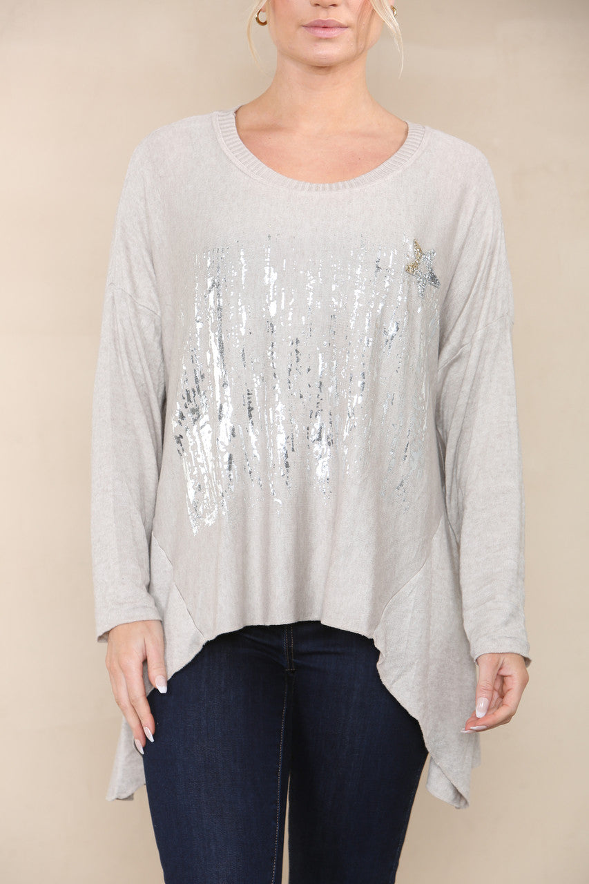 STAR SEQUIN FOIL FINE KNIT TOP STONE