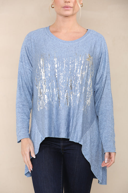 TOP MET STERRENPAILLETTENFOLIE VAN FIJN BREISEL EN DENIM