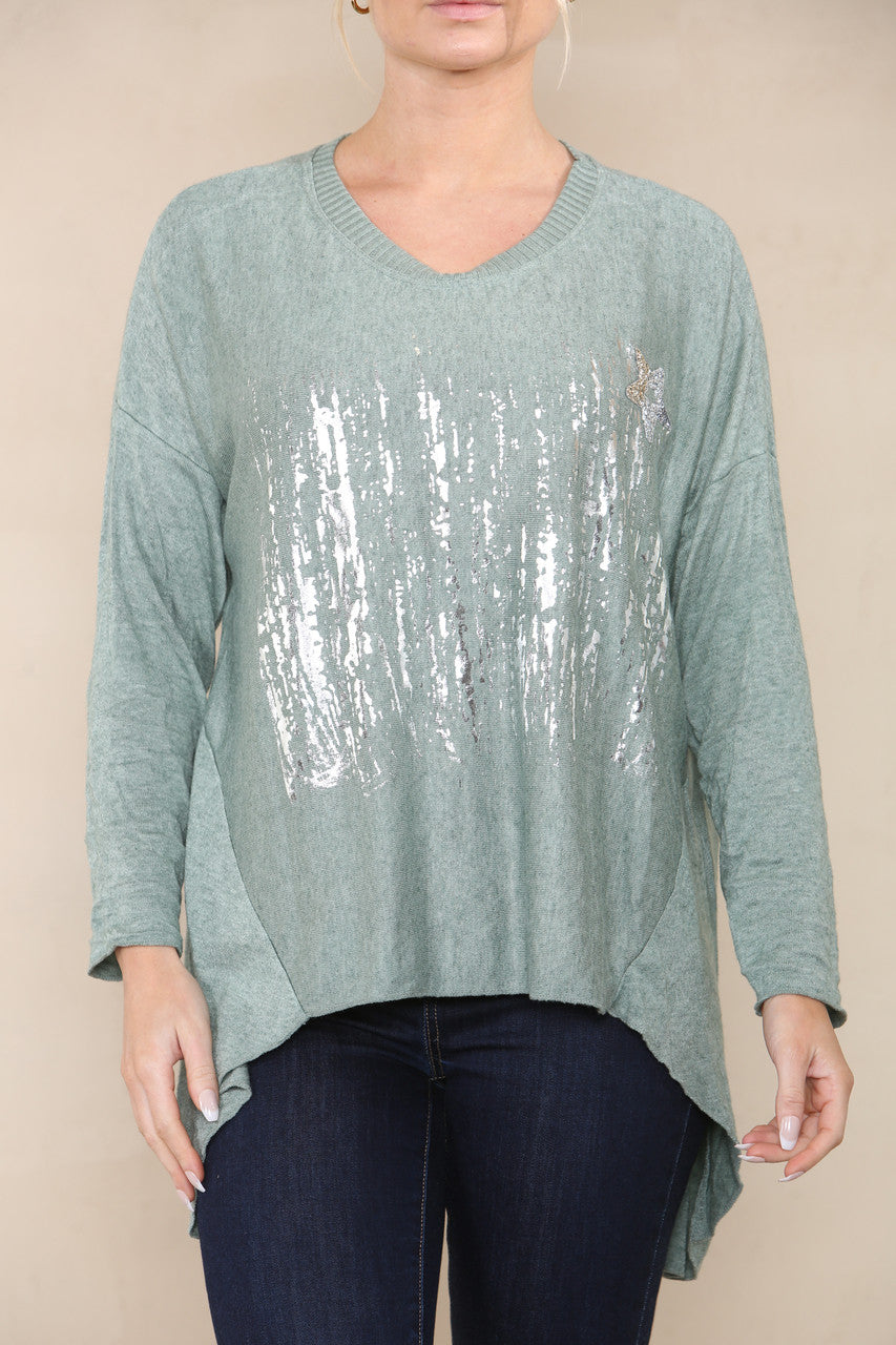STAR SEQUIN FOIL FINE KNIT TOP KHAKI
