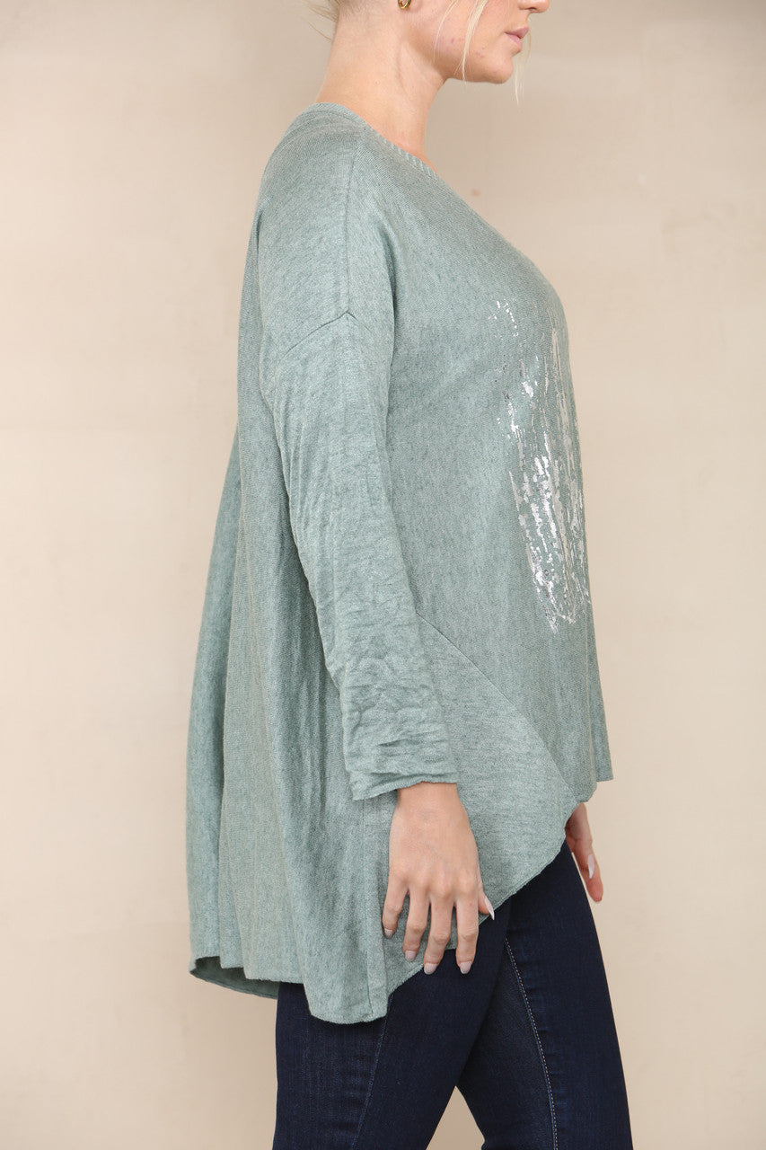 STAR SEQUIN FOIL FINE KNIT TOP KHAKI