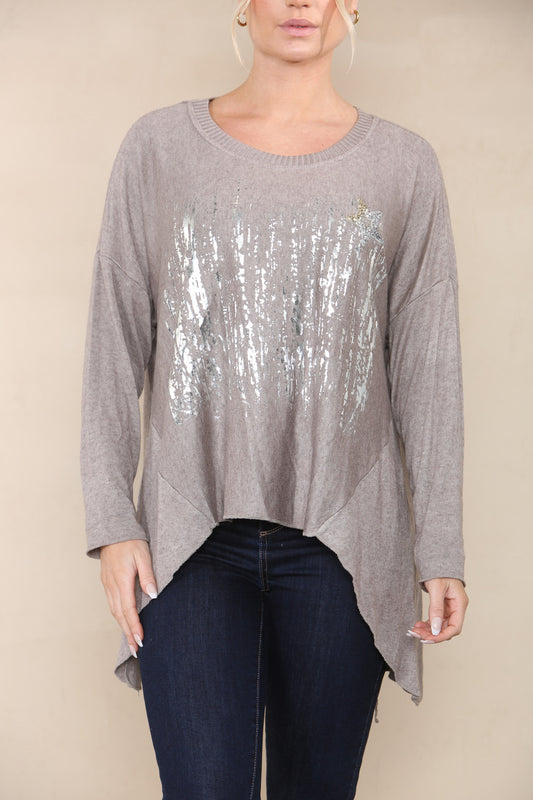 TOP FIJNGEBREID STER PAILLETTEN FOLIE TAUPE