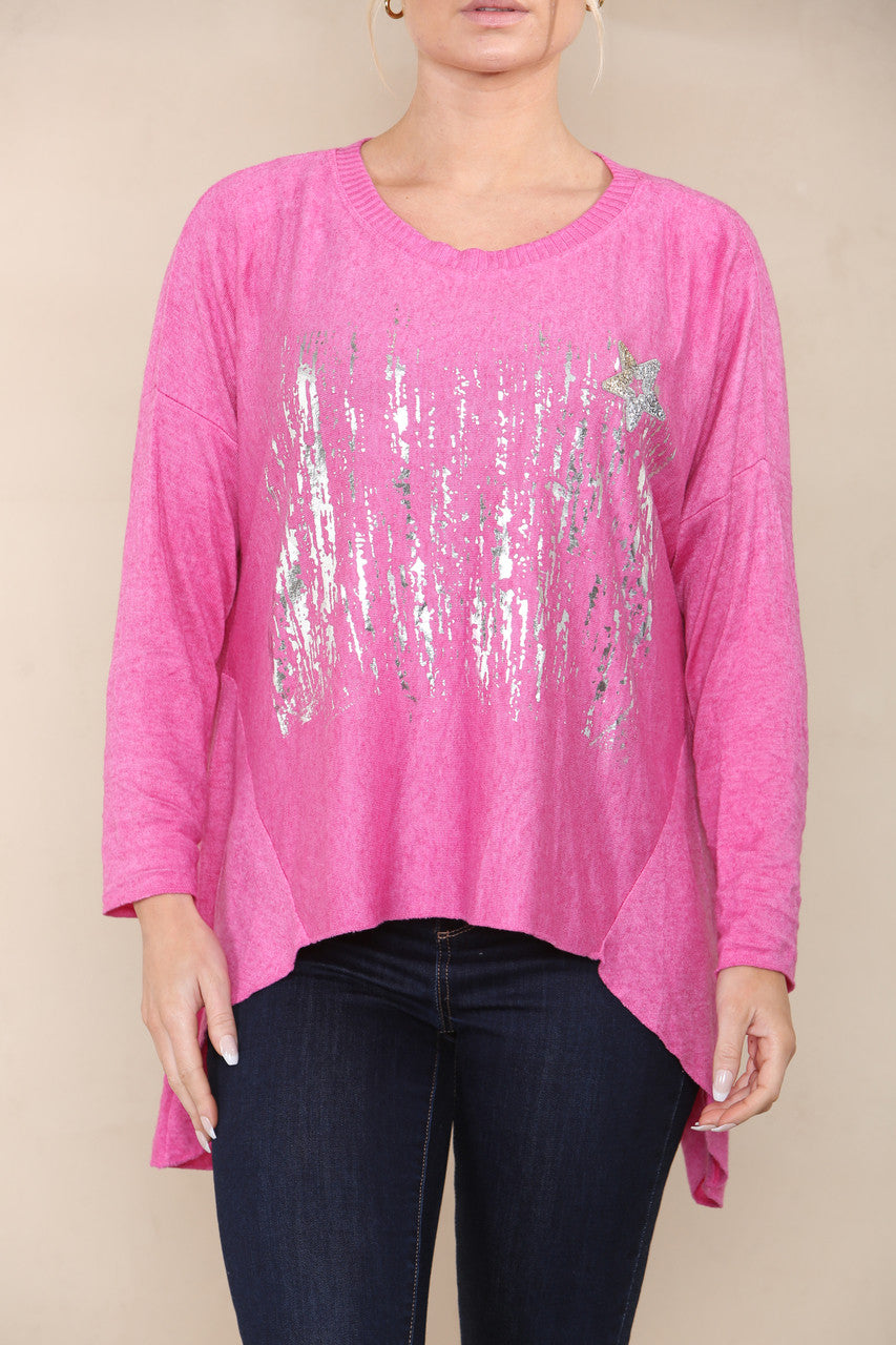 STAR SEQUIN FOIL FINE KNIT TOP CERISE