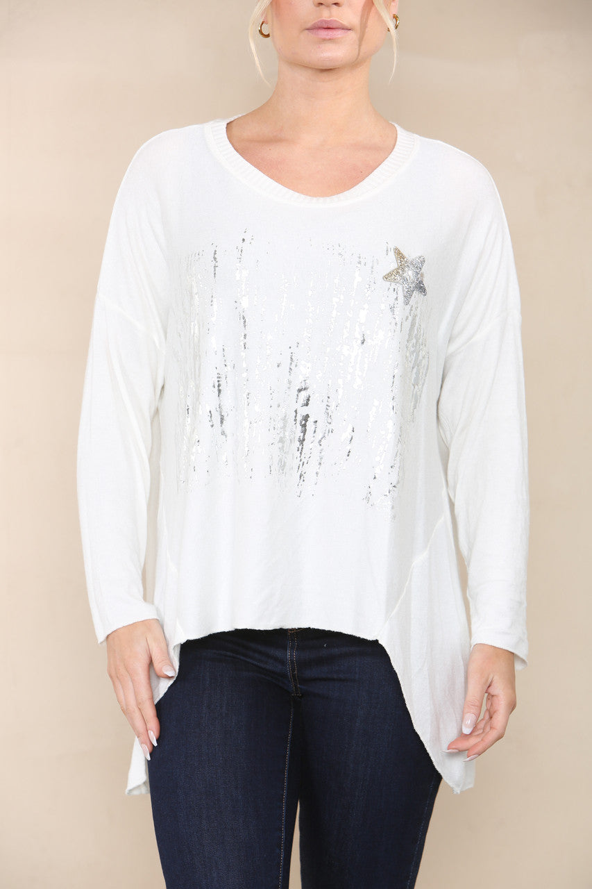 STAR SEQUIN FOIL FINE KNIT TOP WHITE