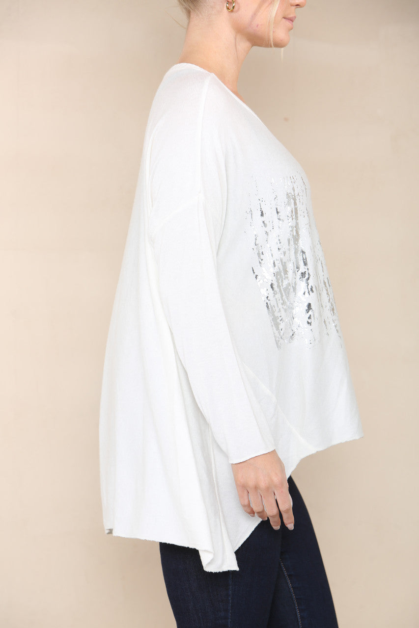 STAR SEQUIN FOIL FINE KNIT TOP WHITE