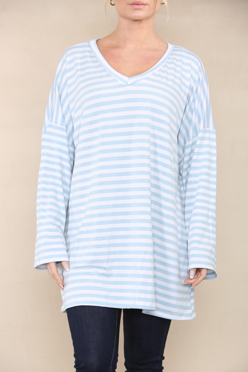 V-NECK STRIPED LONG SLEEVE TOP LIGHT BLUE