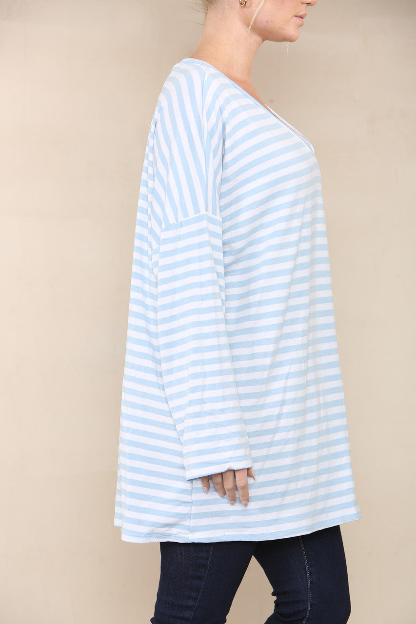 V-NECK STRIPED LONG SLEEVE TOP LIGHT BLUE