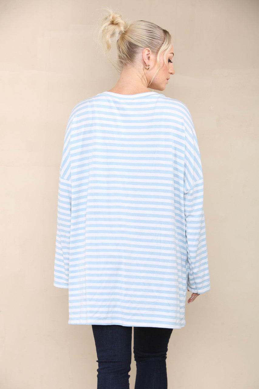 V-NECK STRIPED LONG SLEEVE TOP LIGHT BLUE