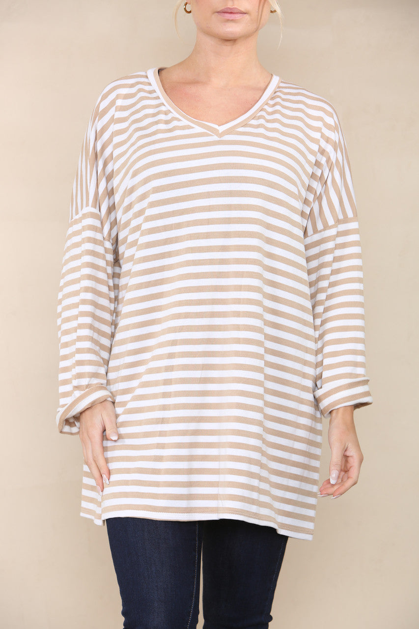 V-NECK STRIPED LONG SLEEVE TOP CAMEL