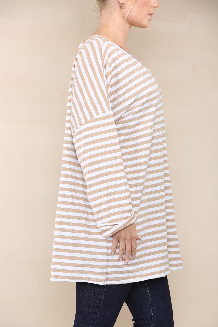 V-NECK STRIPED LONG SLEEVE TOP CAMEL