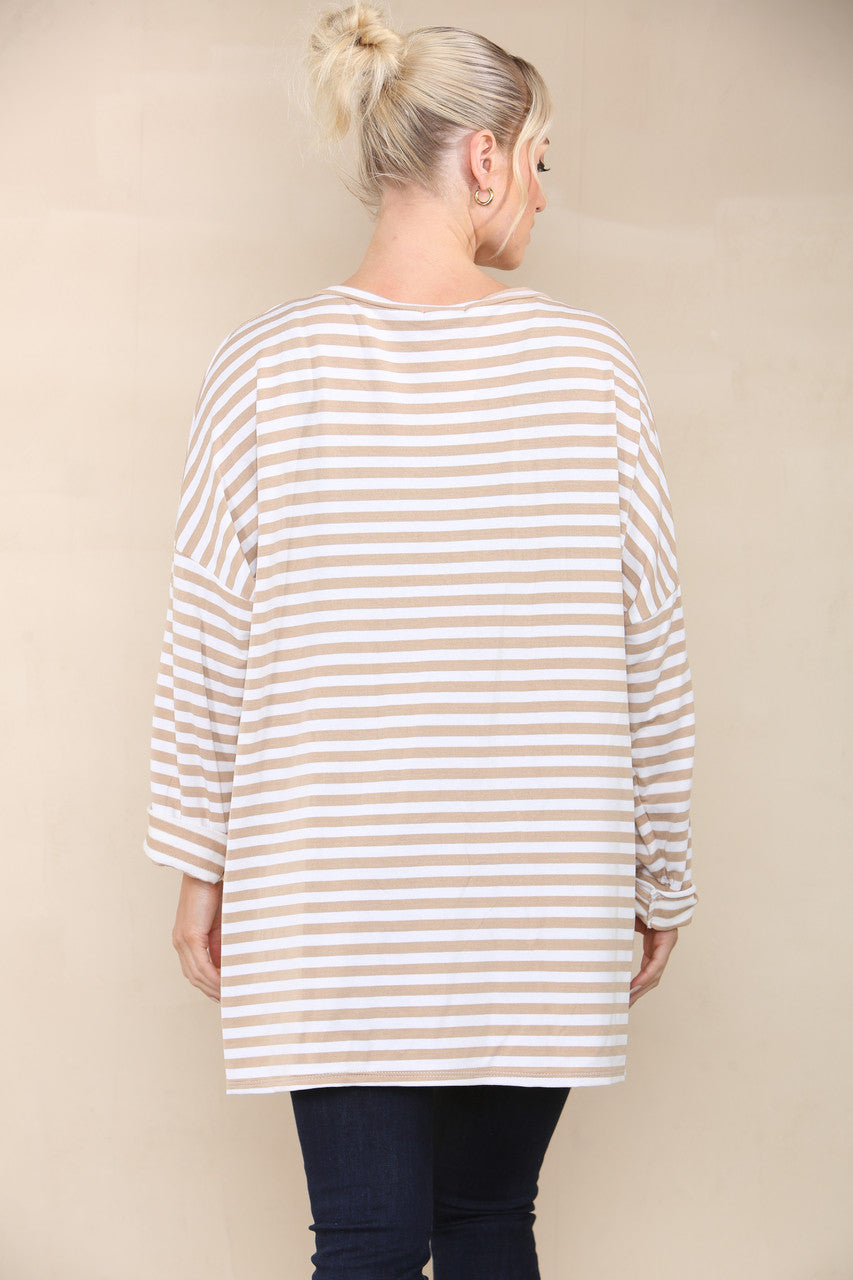 V-NECK STRIPED LONG SLEEVE TOP CAMEL